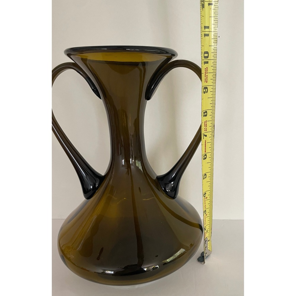 Vtg Mid Century Modern Empoli Glass Double Handle Hand Blown Olive Brown 10.5"" - Picture 13 of 14